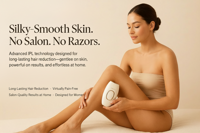 Woman using a home hair reduction device with promotional text about Silky-Smooth Skin and advanced IPL technology.